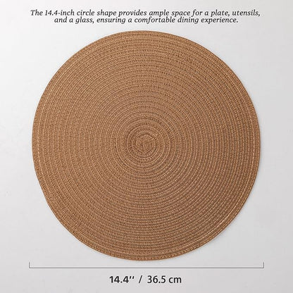 Round Placemats Set of 6 Woven Placemats Washable Braided Table Mats for Dining Table Heat Resistant Non-Slip Circle Place Mats(Brown)