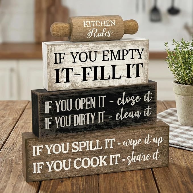 Moucuny 4 Pcs Rustic Wooden Table Decor Farmhouse Kitchen Rules Wood Sign Black - Image 9