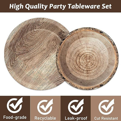 200Pcs Rustic Wooden Tree Party Supplies Paper Plates Napkins Lumberjack Camping Hunting Theme Birthday Party Decorations for Kids Hunting Serves 50