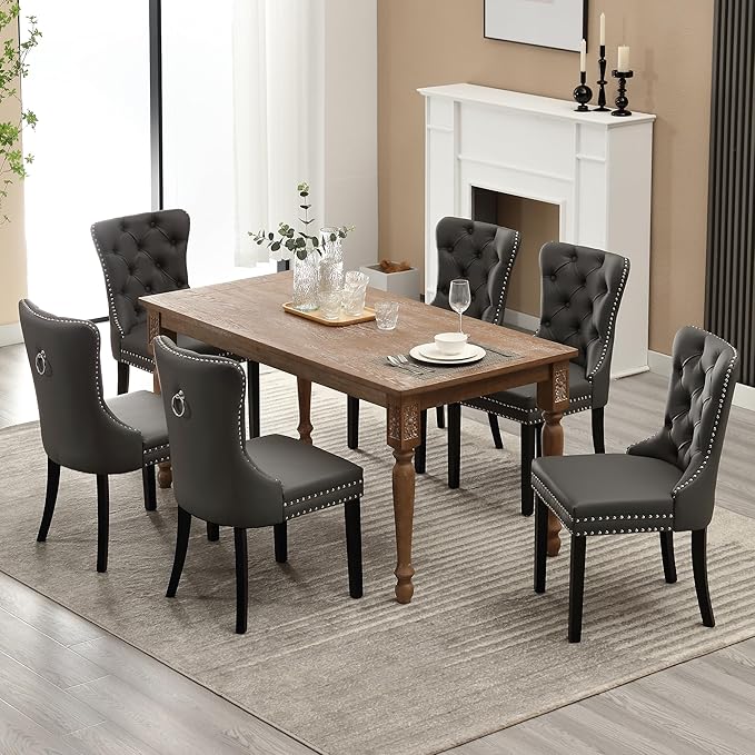 KCC Faux Leather Dining Chairs Set of 6, Upholstered High-end Tufted Dining Room Chair with Nailhead Back Ring Pull Trim Solid Wood Legs, Contemporary Nikki Collection Modern Style for Kitchen, Gray