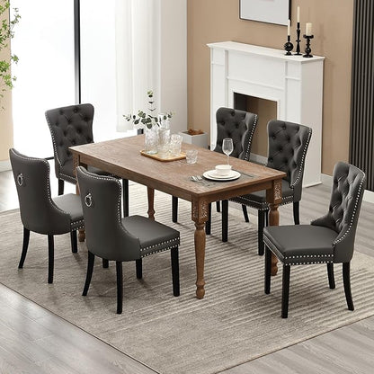 KCC Faux Leather Dining Chairs Set of 6, Upholstered High-end Tufted Dining Room Chair with Nailhead Back Ring Pull Trim Solid Wood Legs, Contemporary Nikki Collection Modern Style for Kitchen, Gray