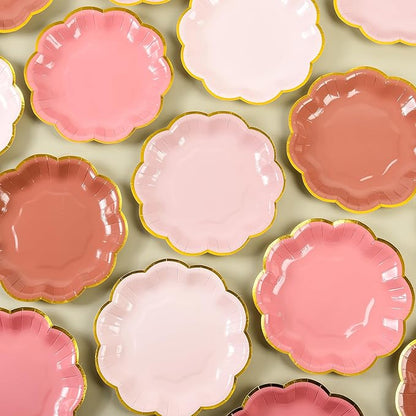 Dusty Pink Gradient Color Dessert Paper Plates 7 inch Gold Foil Scalloped Edge Disposable Cake Plates for Tea Party Birthday Bridal Baby Shower Wedding Party Supplies (24, Dusty Pink)