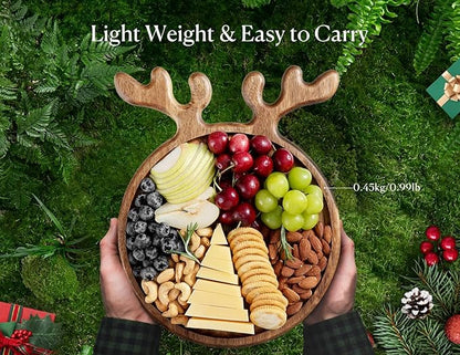 Acacia Wood Serving Platter, Christmas Decorative Reindeer Antler, 12"x10"Round Wooden Food Dish Display Plate, Charcuterie Board Tray for Cheese Fruit, Kitchen Gift for Housewarming (Gift Box)