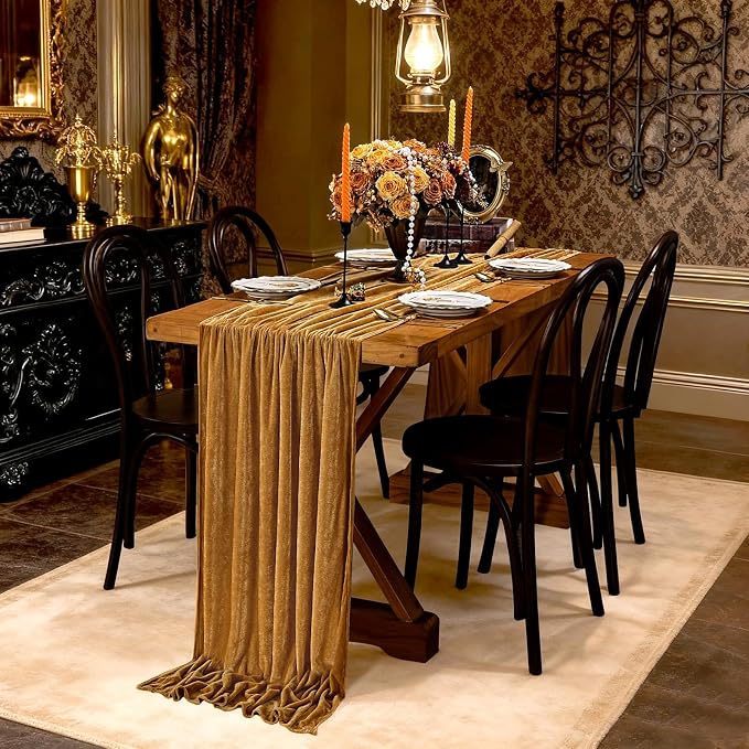 Gold Velvet Table Runner 10ft Extra Long Luxury Fall Thanksgiving Runners | 3 - Image 2