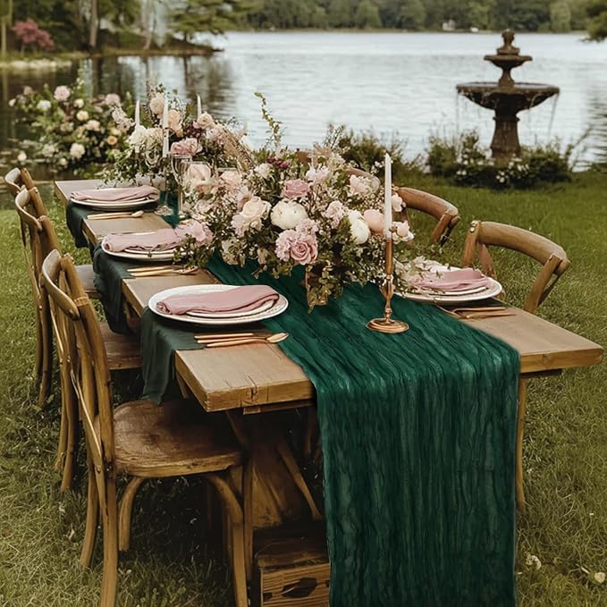 3 Pack Dark Green Cheesecloth Table Runner 120 Inch Boho Wedding Decor | - Image 7