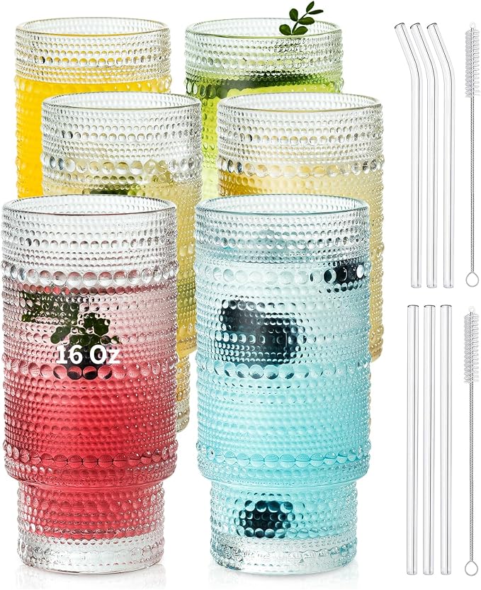 KEMORELA Vintage drinking glasses set of 6, Large 16oz Hobnail Glassware Set by KEMORELA