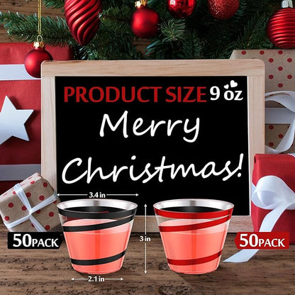 Gejoy 9 oz Rimmed Swirl Plastic Cups Disposable Wine Drinking Cups Clear Elegant Halloween Tumblers for Christmas Party Supplies(Red, Black,100 Pcs)