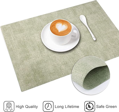 Leather Heat Resistant Placemats Set of 6 Waterproof Wipeable Washable PU Table Mats,Easy to Clean Anti-Slip Place Mats (Light Green, 6)