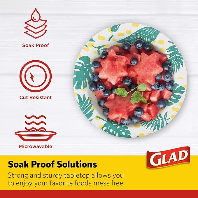 Glad Round Disposable Paper Bowls, Palm Leaves Pattern, 16 Oz, soak-proof and - Image 3