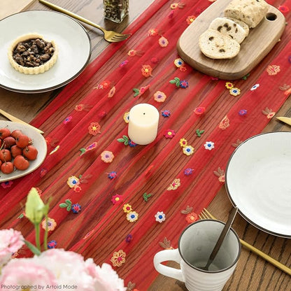 Artoid Mode Red Embroidery Daisy Gauze Table Runner 120 Inch 10FT | Seasonal - Image 5