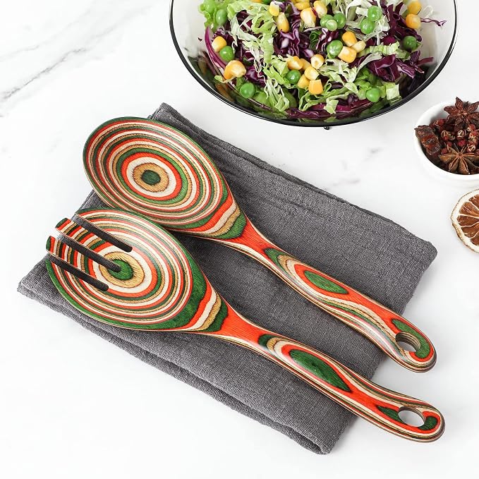 Salad Tongs, Pakkawood Wooden Spoons, Mixing Dinner Fork and Spoon | 10.5in - Image 7