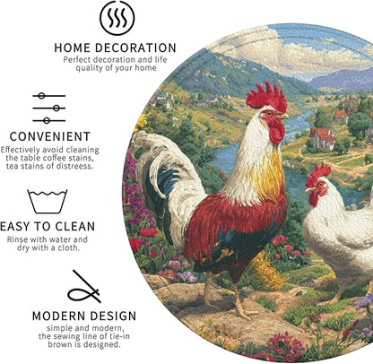 Rooster Coasters Leather Round Drink Coasters 6 Pcs Set with Holderor for Cup Drink Coffee Table Bar Home Decor