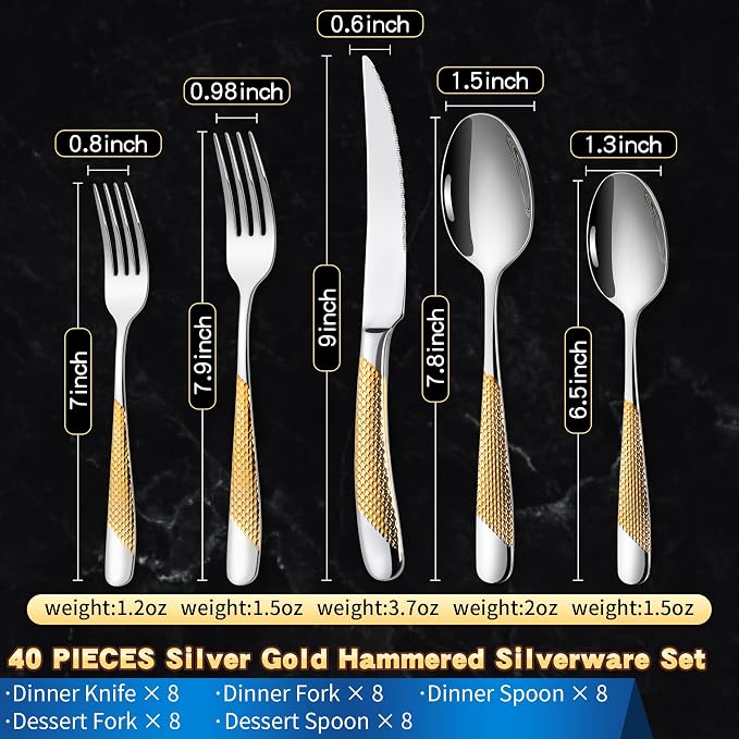 40-Piece Hammered Silver Gold Silverware Set - Image 2