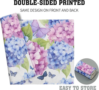 Hydrangea Placemats Set of 4 - Floral Place Mats 12 x 18 Inch Pink Purple Hydrangea Flower Table Mats Spring Summer Butterflies Placemats for Dining Kitchen Party Farmhouse
