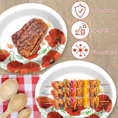 Poppy Oval Paper Plates 10’’ x 12’’,Large Disposable Heavy Duty and White Buffalo Checked Plaid Paper Plates for Birthday Wedding Bridal Baby Shower Tea Party Supplies,50 Guest