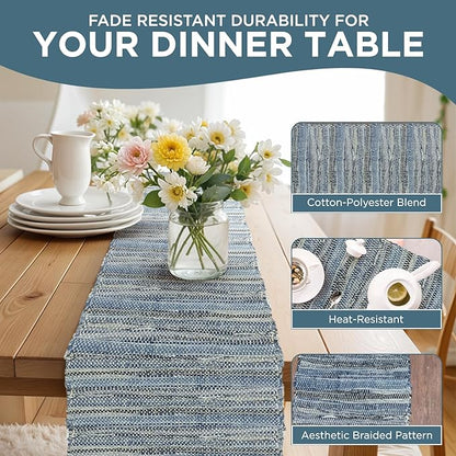 Perilla Home Chindi Table Runner Boho with Tassels 72 Inches Long Denim - Braided Rustic Farmhouse Fall Kitchen Dining Table Decoration for Party Wedding (Blue)