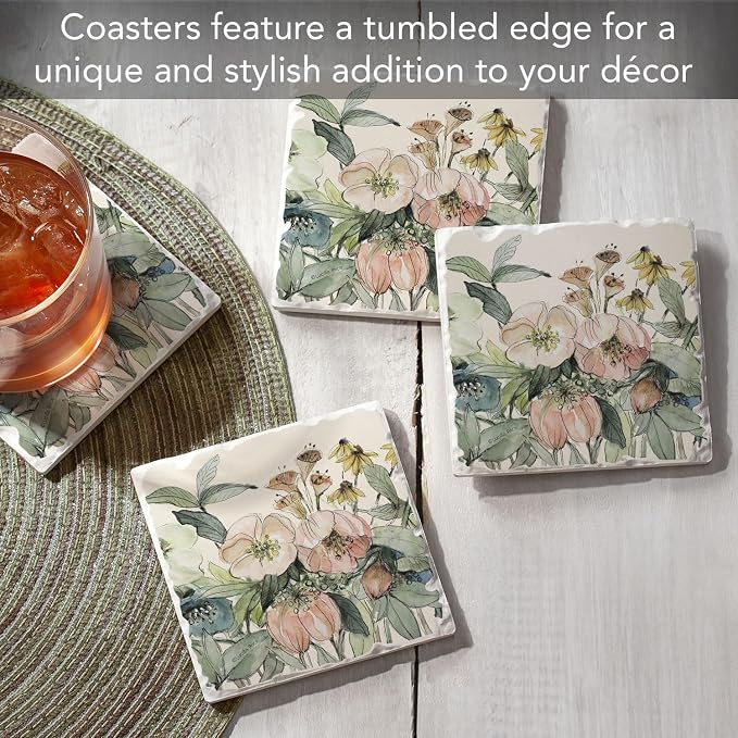 Thirstystone Floral Sketch 4 Pack Tumbled Tile Stone Coasters | 4" Square - Image 2