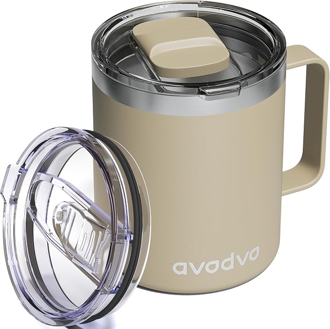 12oz Insulated Coffee Mug with Lid – Includes Two Lids, Stainless Steel Coffee by avodvo