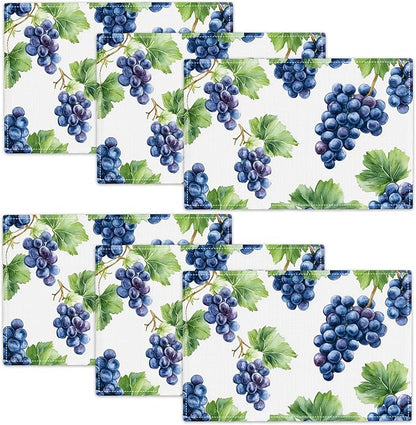 Grape Placemats Set of 6, Blue Grapes Place Mats, Fruit Waterproof Washable Table Mats for Home Party Indoor Kitchen Dining Table Decoration 12x18 Inch