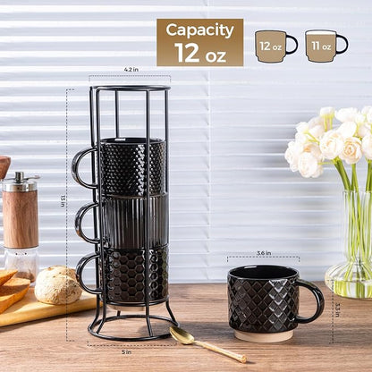 GBhome 12 OZ Stackable Coffee Mugs Set of 4, Ceramic Black Coffee Cups Set | - Image 3