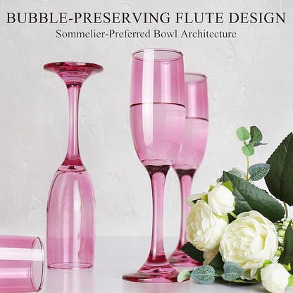 Champagne Flutes Glasses Set of 6-6oz Elegant Pink Glass, Unique Pink Colored Long Stem Champagne Flute Gift for Wedding, Anniversaries, Parties, Birthday, Restaurant, Home Bar