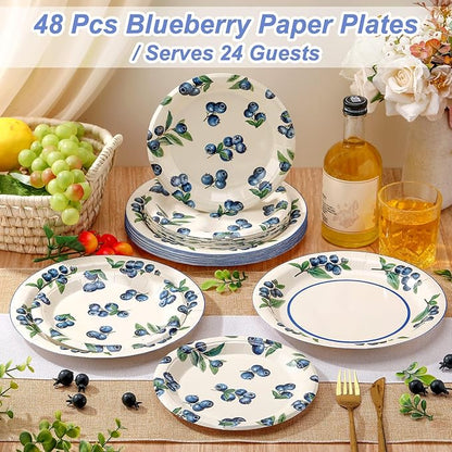 48 Pcs Blueberry Paper Plates Set Baby Shower 9" 7" Summer Watercolor Disposable Plates Decorative Dinner Plates Birthday Party Tableware for Party Supplies Decoration