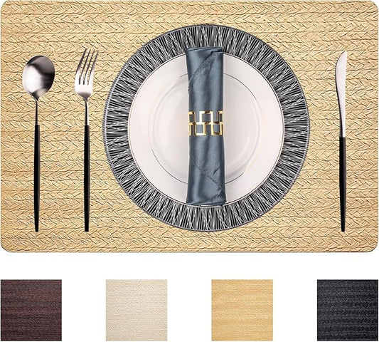 PIGCHCY Waterproof PVC Place Mats Set of 6, Non-Slip Faux Leather Placemats Rattan Pattern Surface Table Mats for Wedding/Birthday Party/Kitchen (18"x12", Golden Beige)
