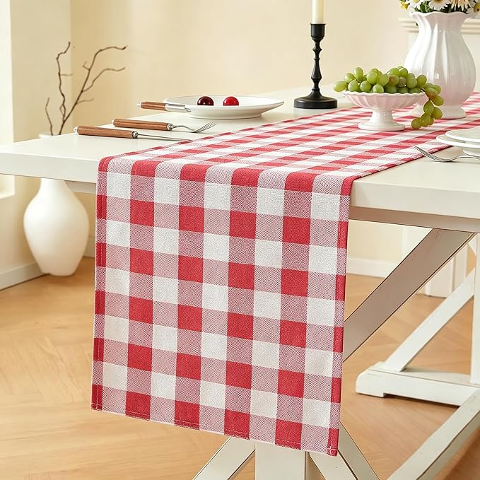 Laolitou Red Checkered Table Runner, Cotton Linen Gingham Table Runners by Laolitou