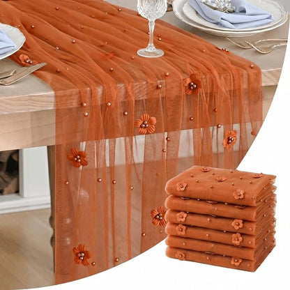 Artoid Mode Caramel Flower Pearl Pink Gauze Table Runner 10FT 6PC, Seasonal by ArtoidMode