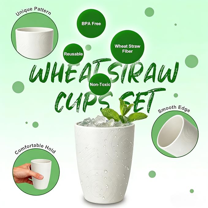 Wheat Straw Unbreakable Drinking Cups, 12 OZ Tumbler Set of 6, Lightweight - Image 2