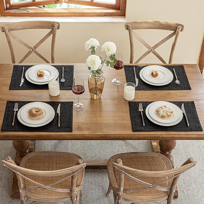 Blue Forest Placemats Set of 6, Dual-Layered Thickened Faux Linen Cloth Place Mats Heat Resistant Machine Washable Wrinkle Free Table Mats Indoor/Outdoor (Black)