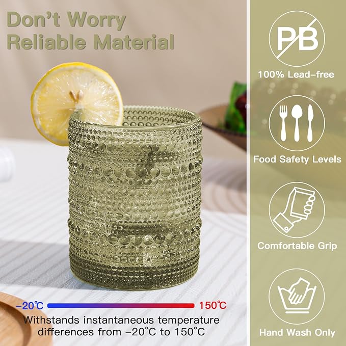JOVGANK Green Vintage Hobnail Drinking Glasses Set of 6, Embossed Water Tumbler - Image 3