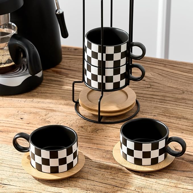 LUKA 6 Ounce Ceramic Stackable Black and White Checkered Espresso Cups - Image 6
