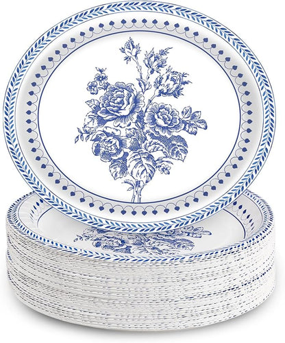 50Pcs Blue Floral Oval Plates 10"x 12", Large Disposable Paper Plates, Heavy Duty Flower Plate Tableware for Family Gathering, Dinner Time, Birthday, Wedding, Holiday Party Supplies
