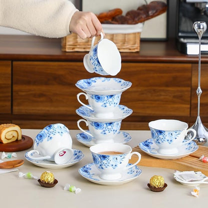 6oz Porcelain Tea Cup and Saucer Set of 6, Classic Blue Floral | Classic blue - Image 6
