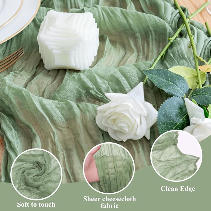 Cheesecloth Table Runner Sage Green 10FT Boho Gauze Table Runners | 120 Inch - Image 3