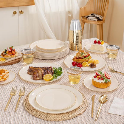 bUCLA 150PCS Ivory Plastic Plates with Gold Trim - Heavy Duty Cream Plastic Disposable for Party & Wedding - Include 25 Each（Dinner & Dessert） Plates, 25 Knives, 25 Forks, 25 Spoons & 25 Cups