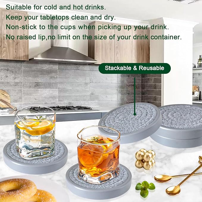 Wood Coasters for Drinks, Eykao Absorbent Coaster Sets of 5, Woven Drink - Image 4