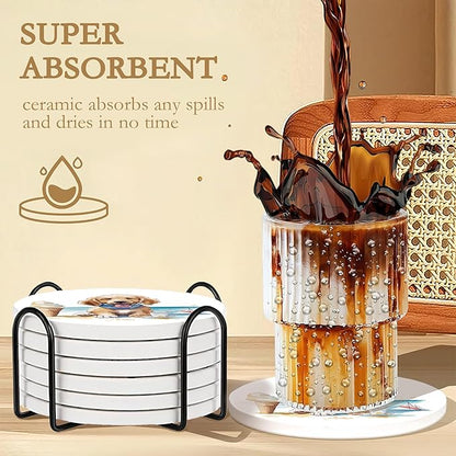 Drink Coasters with Holder,6 Pcs Dog Beach Absorbent Ceramic Drink Pads, Non-Slip Table Protectors for Coffee & Glasses