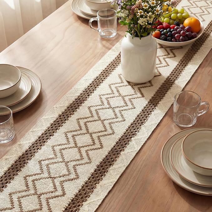 Artoid Mode Coffee Stripe Diamond Woven Table Runner 12x72 Inch | Holiday - Image 3