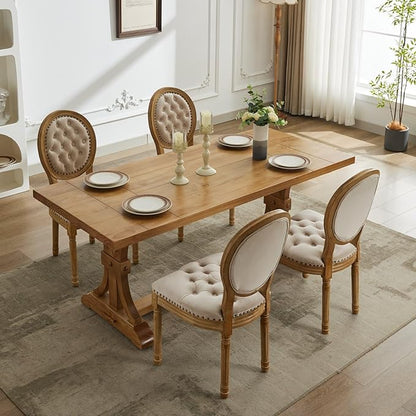 Ball & Cast French Vintage Upholstered Dining Chairs Set of 2, Button Tufted Kitchen Side-Chairs with Carved Antique Wood Frame & Nailhead Trims, 2-Piece Curved Backrest Louis Chair, Velvet Beige