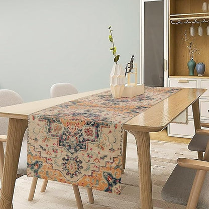 Bohemia Orange Table Runner, Rustic Farmhouse Vintage Geometric Floral Print - Image 2