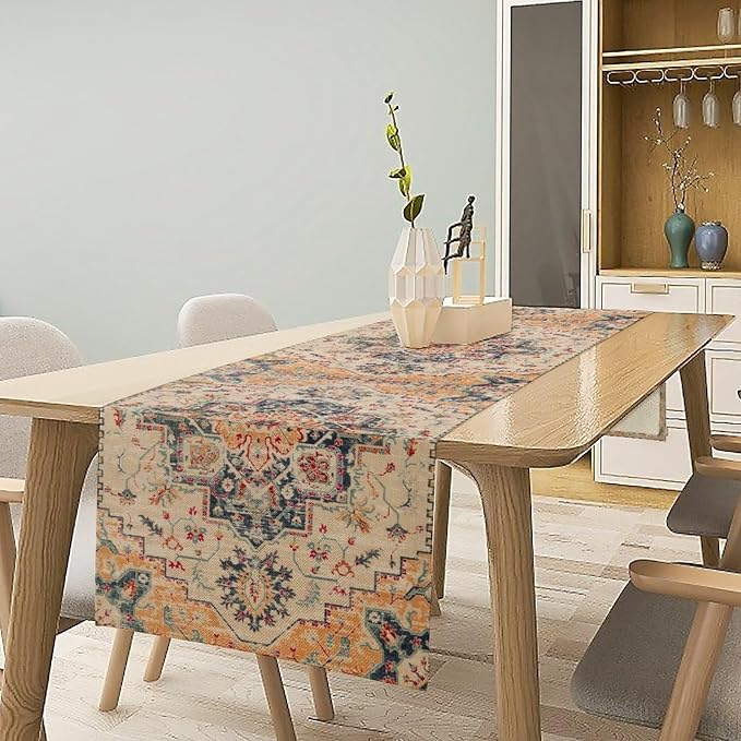 Bohemia Orange Table Runner, Rustic Farmhouse Vintage Geometric Floral Print - Image 2