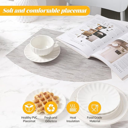 roddyricch Wedge Placemats for Round Tables, Set of 4 Non-Slip PVC Round Table Placemats - Heat Resistant & Wipe Clean Centerpiece Mats for Dining Kitchen Decor (Silver)