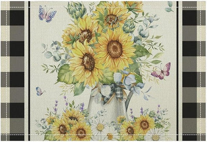 Vintage Sunflower Theme Placemat Set, Rustic Farmhouse Vivid Lavender Floral Butterflly Black White Check Pattern Home Decor Linen Table Mats for Dining Room Kitchen Party (17x12in) x2P