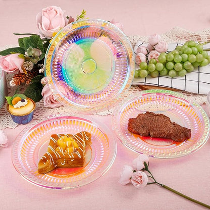 WELLIFE Iridescent Plastic Plates 9 Inch, 150 Count Disposable Plastic Dessert Plates for Disco Party Decorations Wedding Baby Shower Birthday Easter Valentine's Day Party