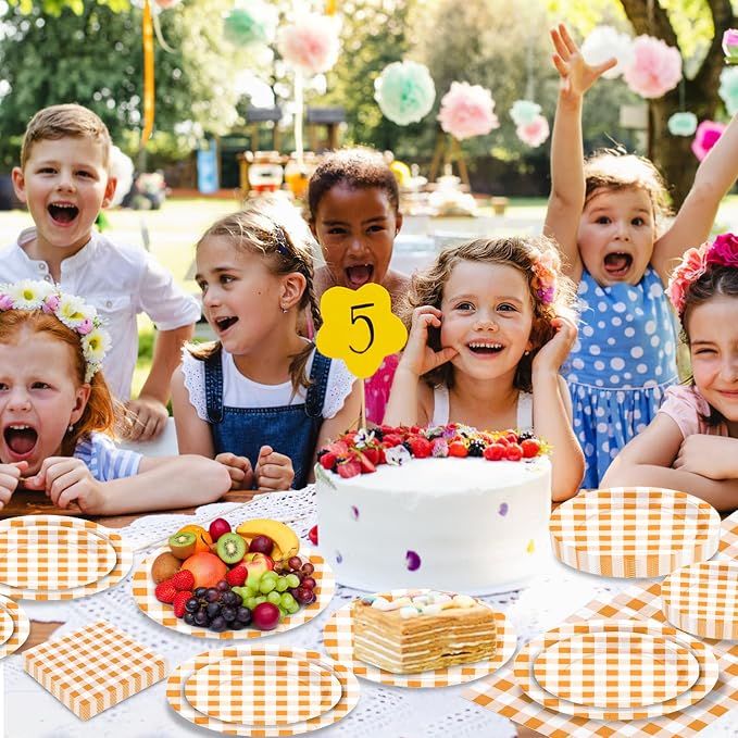 180Pcs Orange Gingham Party Supplies Paper Plates and Napkins Serve 60 | - Image 5