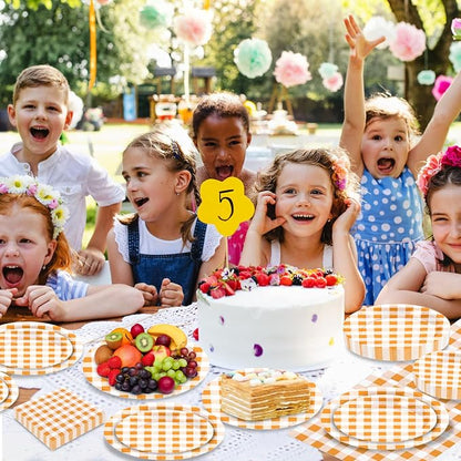 180Pcs Orange Gingham Party Supplies Paper Plates and Napkins Serve 60 | - Image 5