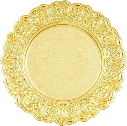 100 Pcs Antique Charger Plates Bulk, 13in Reusable Serving Plates Embossed Rim Plastic Party Dinner Plate Chargers Round Decorative Server Plate for Wedding Party Event Tableware