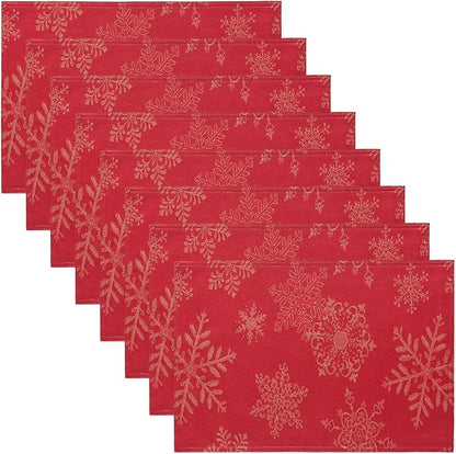 Cloth Place Mats Set of 8–Reusable Rectangular Waterproof Fabric Polyester Washable Wipeable Heat Resistant Jacquard Sparkling Metallic Snowflake for Kitchen Table(Red Gold/13x19 Inch)